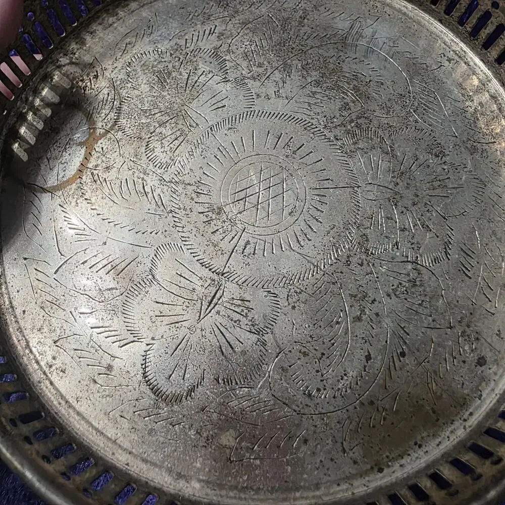 Vintage Pierced Brass Tray Etched Floral Round Vanity Tea Tray Rustic Boho